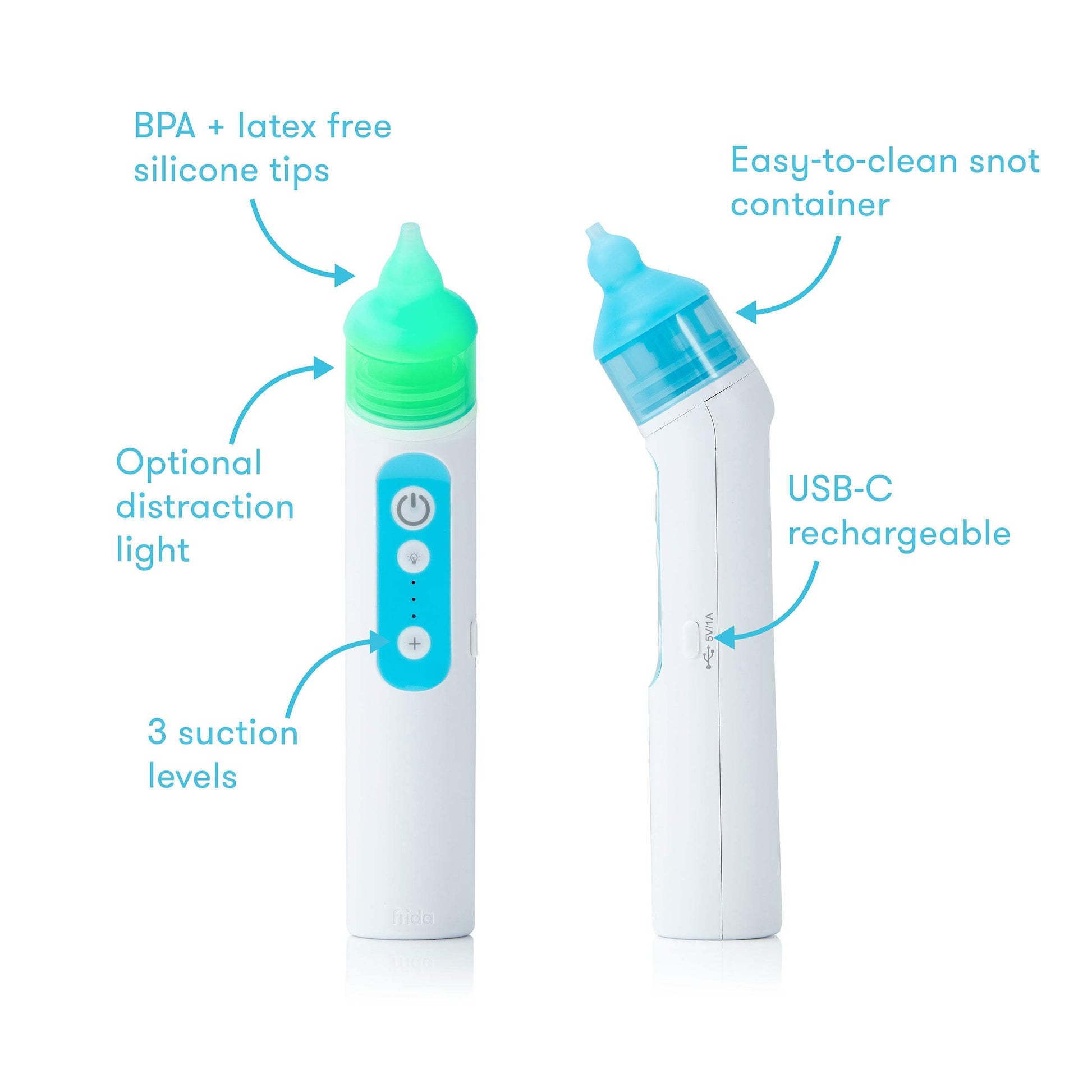 An infographic showing features on the front and side of the device. The features on the device include: 2 BPA plus latex free silicone tips, an optional distraction light, 3 suction levels, easy to clean snot container, and a USB-C rechargable port.